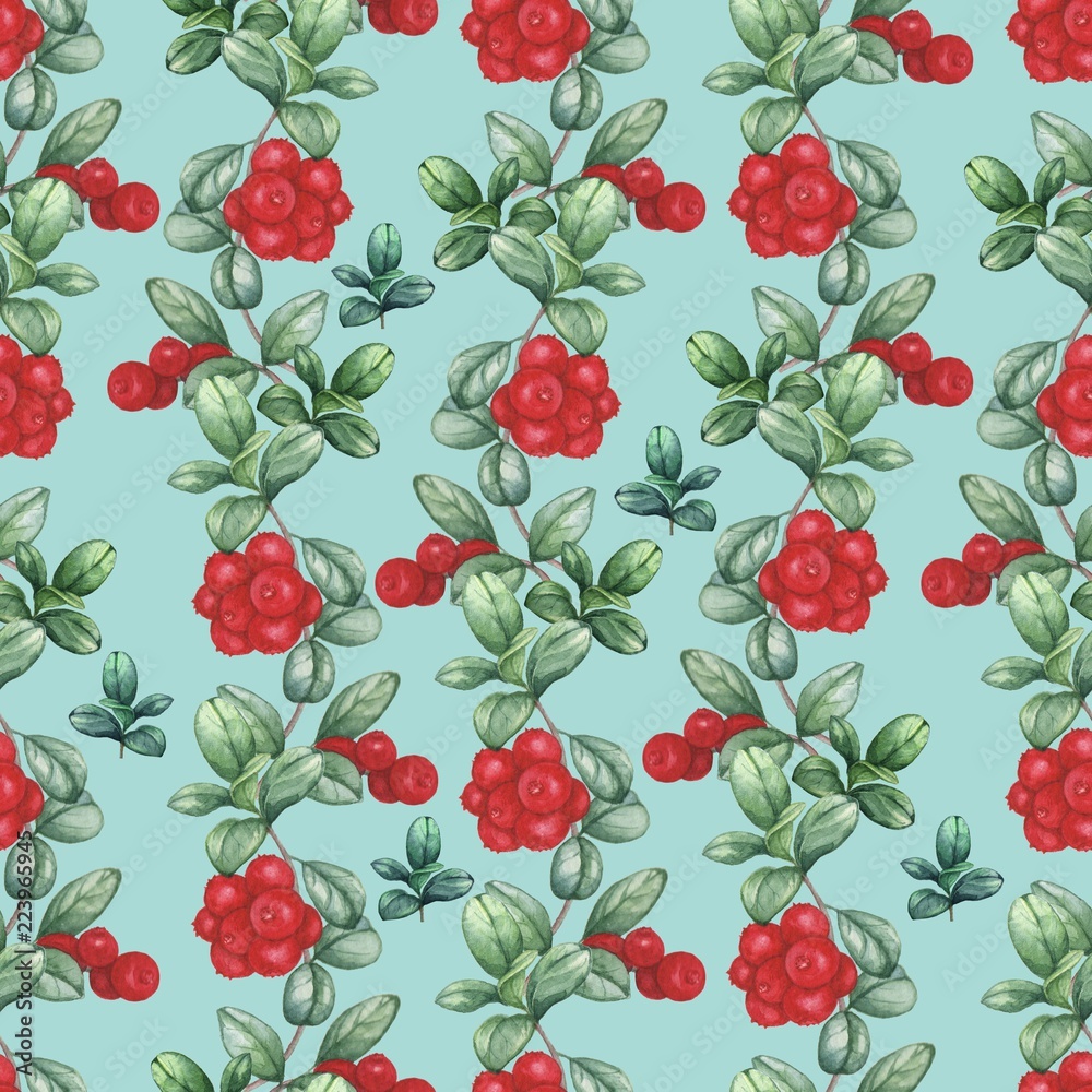 Cowberry 2. Seamless watercolor pattern. Hand-drawing