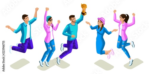 Isometrics teenagers jumping, bright design, generation Z, cool girls and boys, people, phones, gadgets on a white background