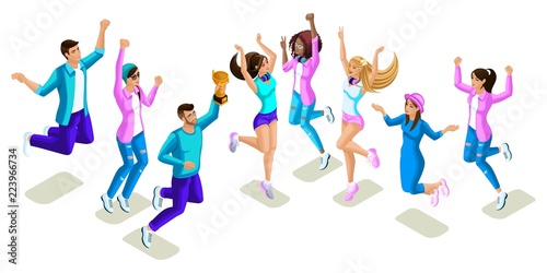 Isometrics teenagers jumping, bright design, generation Z, cool girls and boys, people, phones, gadgets
