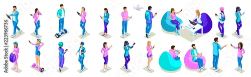 Isometrics of teenagers people, bright design phone, a large set of girls of generation Z, play, make selfies, to take to oneself, social networks, gadgets