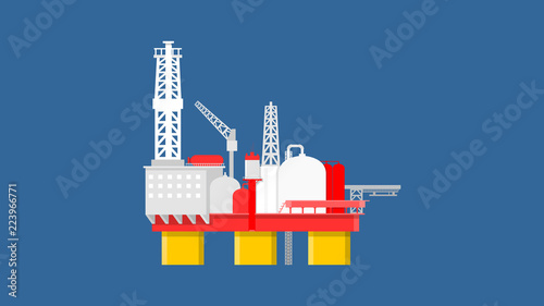 offshore rig sillhouette night sky with huge moon flat style
