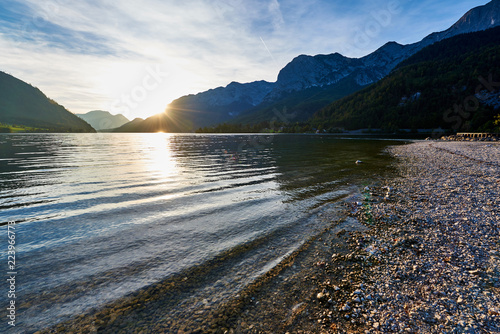 Beach on Grundlsee lake in Austrian Alps. Beautiful landscape