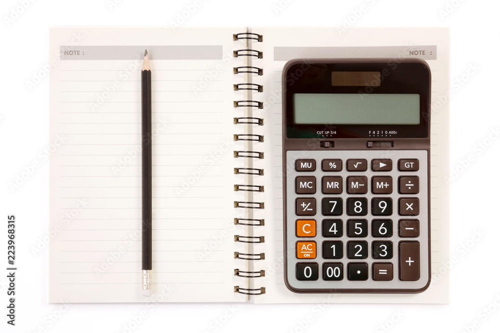 Notebook Pencil and Calculator on White Background. Notebook Pencil and Calculator on White Background.