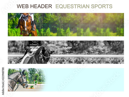 Banner template set, equestrian sports. Collection of horizontal web header designs, 4500 x 900 pixels, green trees and rider with horse as a background, copy space.