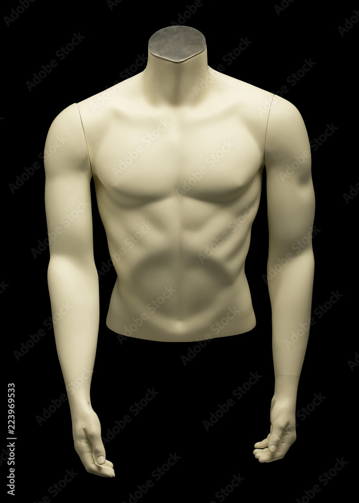 MANNEQUIN OF NAKED MALE TORSO ON BLACK BACKGROUND MANNEQUIN OF NAKED MALE TORSO ON BLACK BACKGROUND