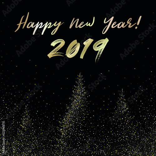 Vector illustration of a sparkle glittering Christmas tree on dark background. Happy New Year and Merry Christmas greeting card.