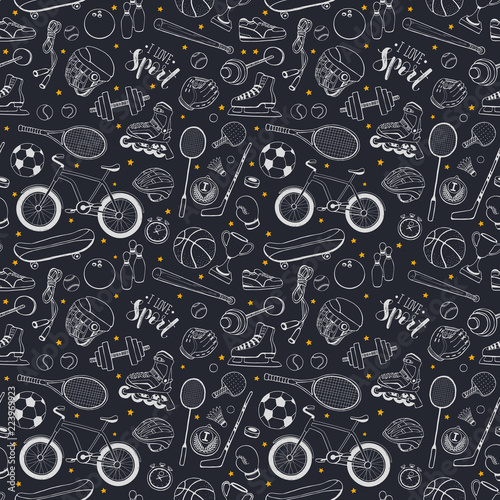 Seamless pattern from sport equipment in doodle style. Vector illustration. Hand drawn sport accessories on blackboard.