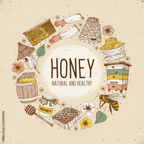 Hand drawn apiary objects arranged in circle composition. Beekeeping inventory in sketch style. Vector Illustration.