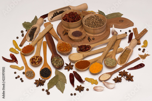 Spice. Spice in a wooden spoon. Herbs. Curry, saffron, turmeric, pepper and other isolated on white background.