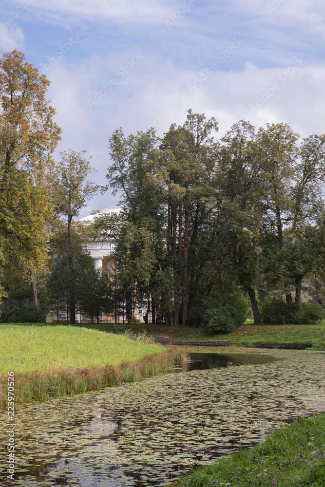Autumn landscape, river, park, sunny weather. Pavlovsk, St. Petersburg