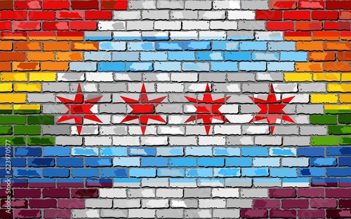Brick Wall Chicago and Gay flags - Illustration,
Rainbow flag on brick textured background, 
Abstract grunge Chicago Flag and LGBT flag