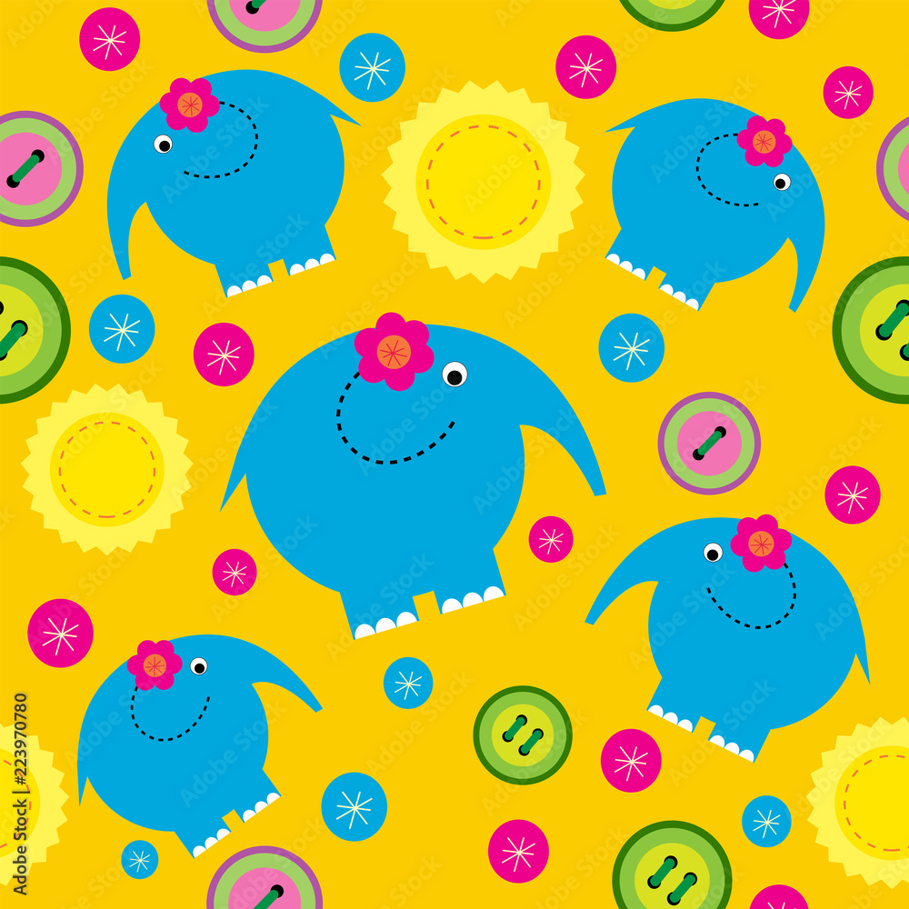 Obraz premium Abstract cute seamless ornament with elephants and buttons
