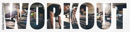 Collage of people doing pushups together during a gym workout photo
