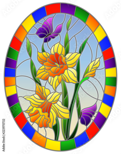 Fototapeta Naklejka Na Ścianę i Meble -  Illustration in stained glass style with a bouquet of yellow daffodils and blue butterflies on a blue background in bright frame