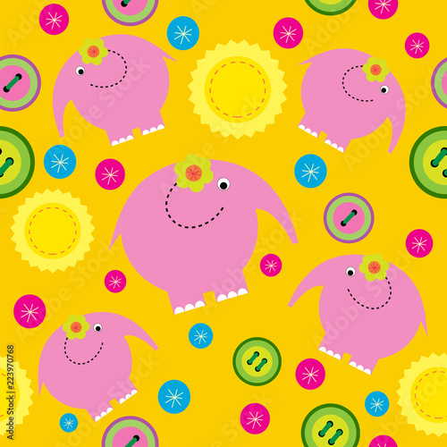 Abstract cute seamless ornament with pink elephants and buttons