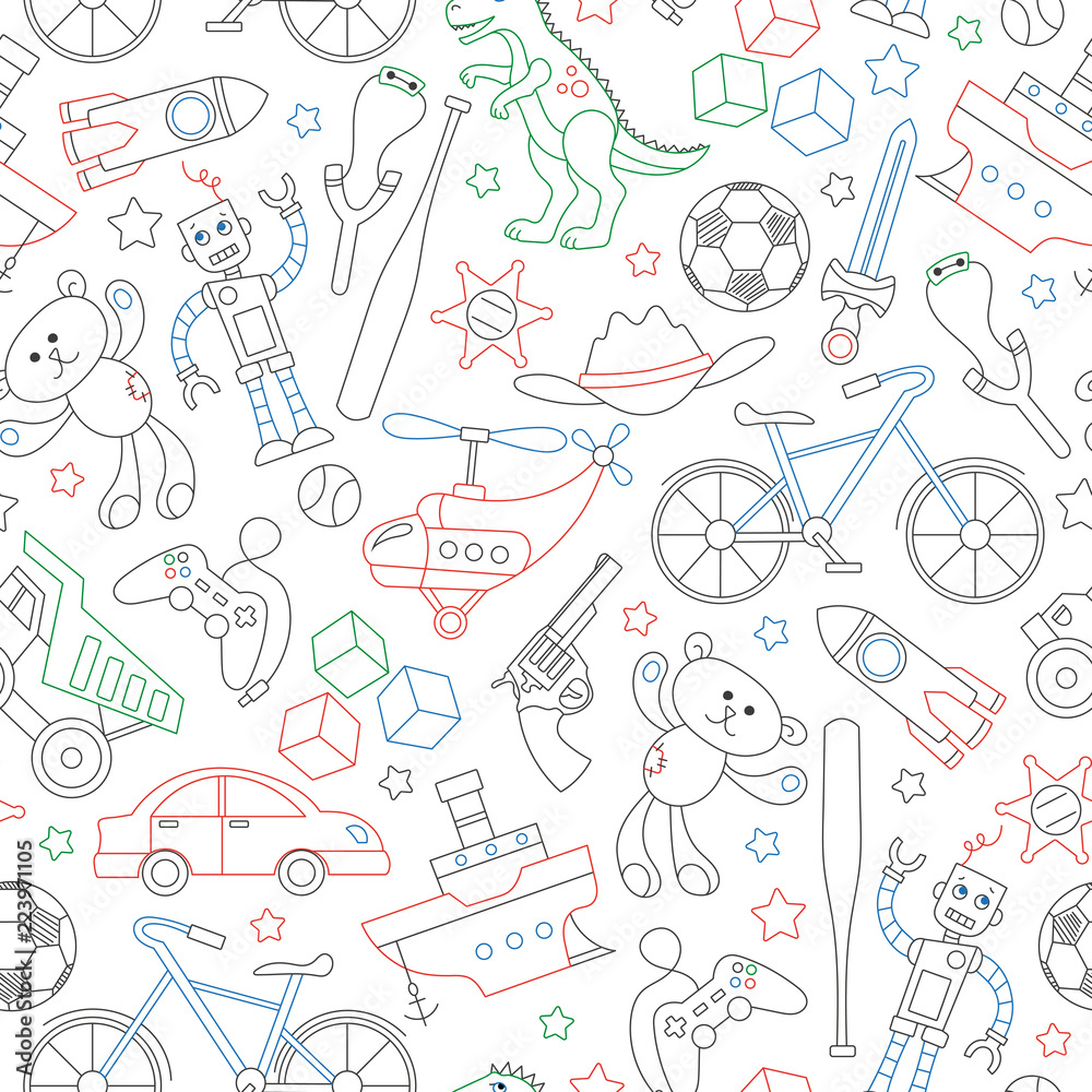 Seamless pattern on the theme of childhood and toys, toys for boys, colored outlines icons on white background Seamless pattern on the theme of childhood and toys, toys for boys, colored outlines icons on white background