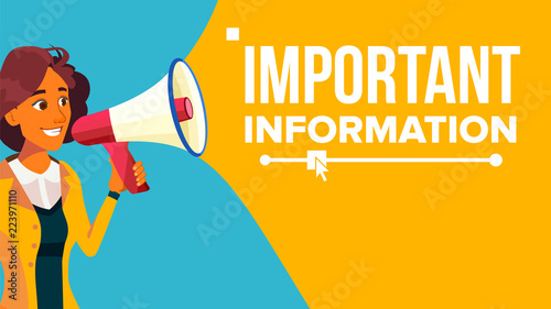 Important Information Banner Vector. Business Woman With Megaphone. Loudspeaker. Business Advertising. Place For Text. Attention Illustration