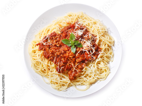 plate of pasta bolognese isolated on white background