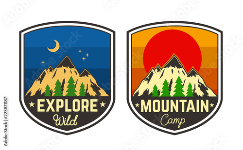 Set of mountain camping emblems. Design element for logo, label, sign, poster, t shirt.