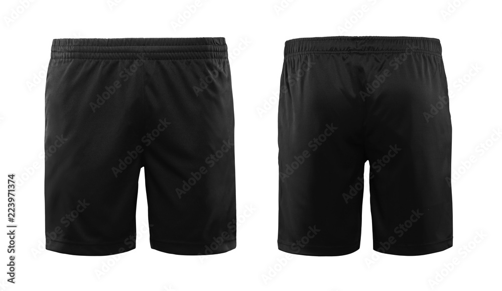 Black sport shorts isolated on white background with front and back view. - obrazy, fototapety, plakaty 
