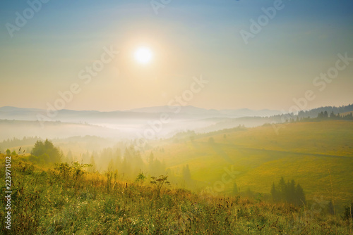 Beautiful sunset in the mountains. Carpathian, Ukraine. Autumn landscape which including of copy-space for text.