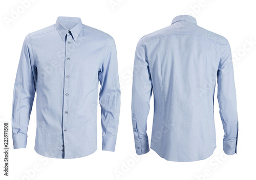 Blue formal shirt with button down collar isolated on white photo