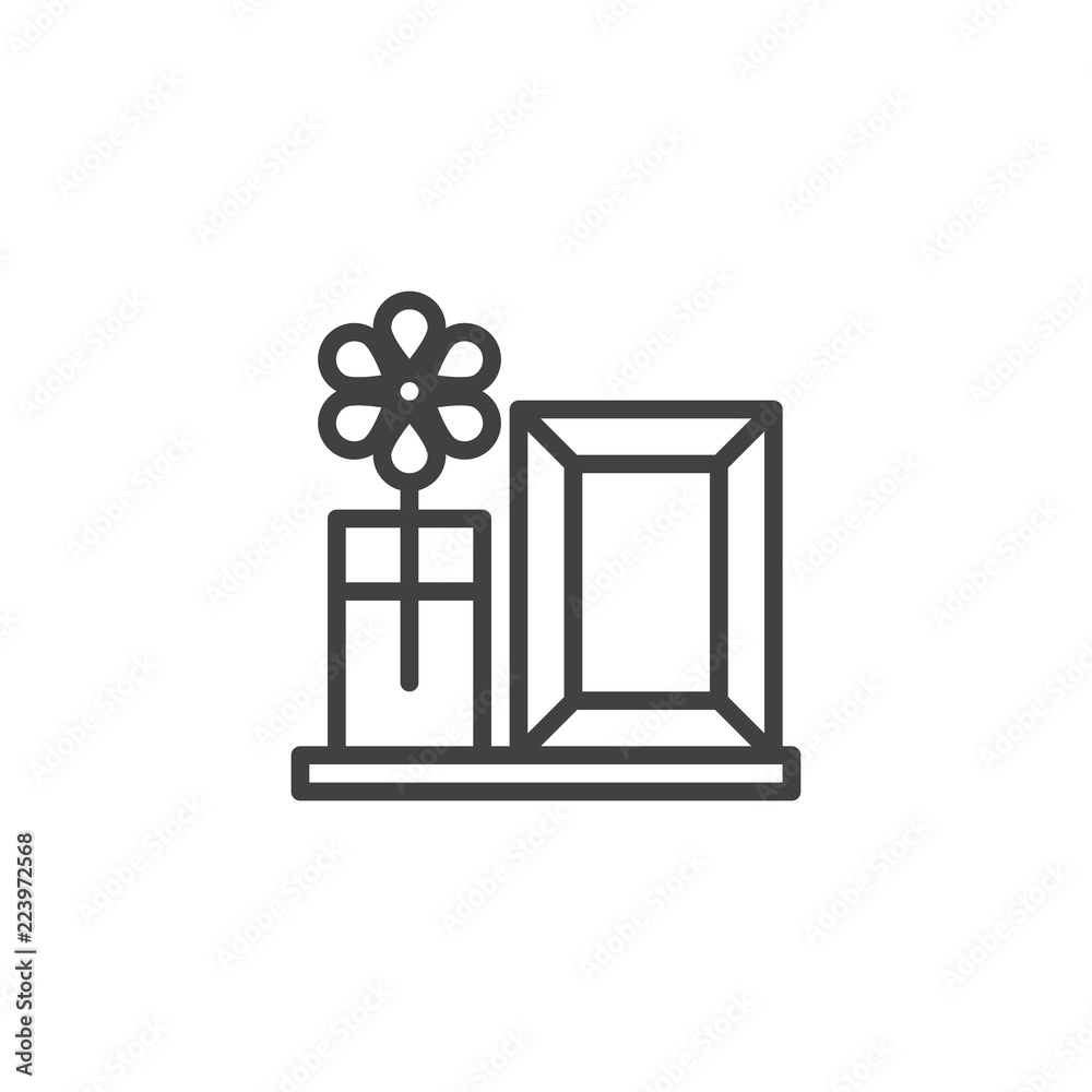 Vase with flower and photo frame outline icon. linear style sign for mobile concept and web design. Decoration simple line vector icon. Symbol, logo illustration. Pixel perfect vector graphics