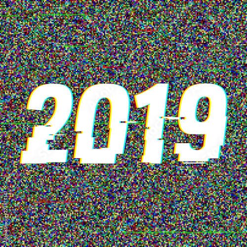 2019 glitch text. New Year concept. Anaglyph 3D effect. Technological retro background. Vector illustration. Creative web template. Flyer, poster layout. Computer program, TV channel screen