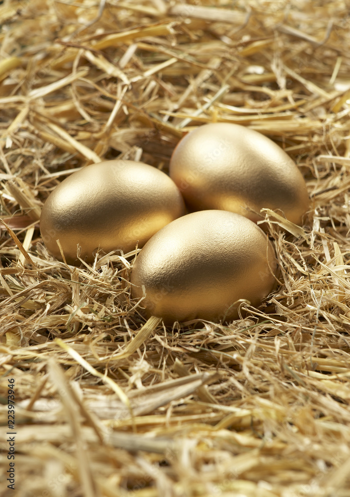 THREE GOLD EGGS IN NEST OF STRAW THREE GOLD EGGS IN NEST OF STRAW