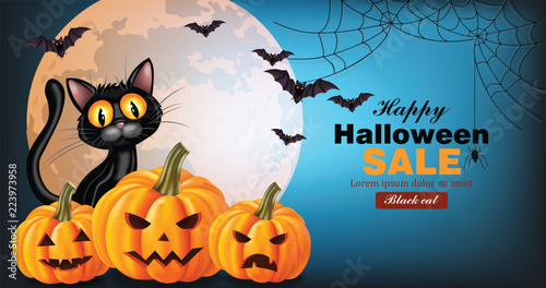 Black cat and pumpkins Vector halloween card. Full moon on background. Holiday Sales poster templates