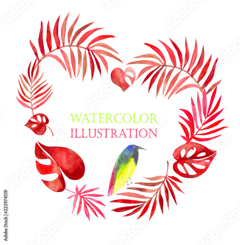 Watercolor pattern, frame in the form of a heart made from tropical leaves on a white background with a bright bird.