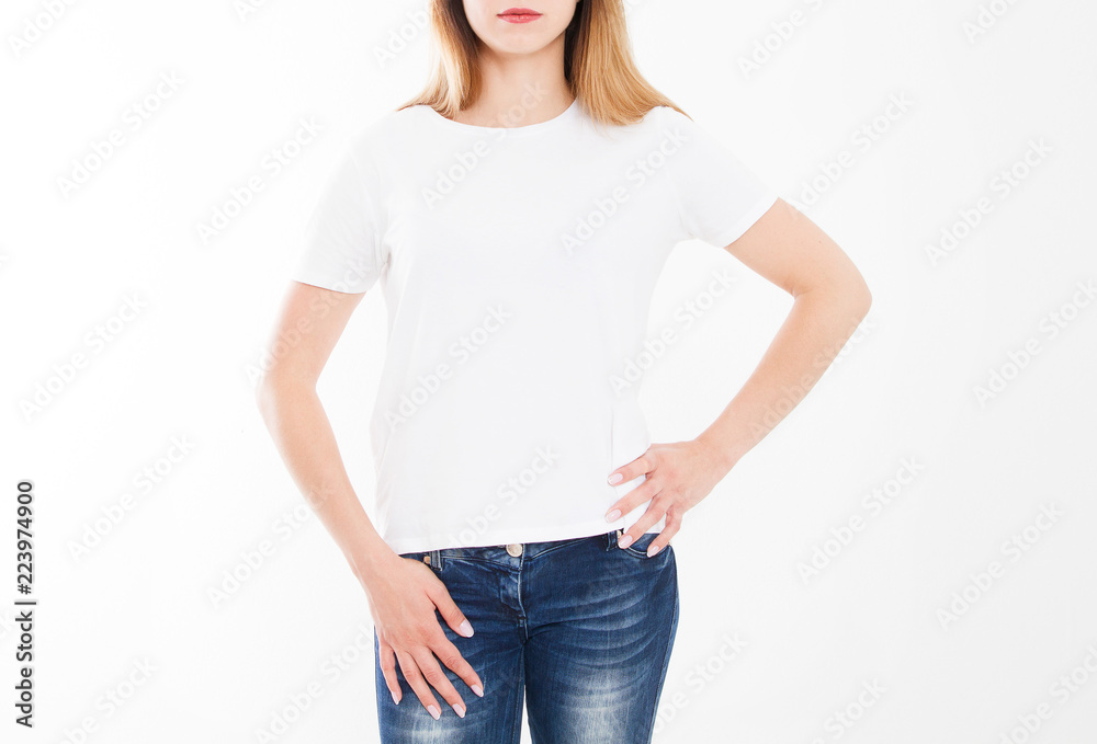 Fototapeta premium cropped portrait of young girl in tshirt. T-shirt design, people concept - closeup of woman in white shirt, front isolated. Mock up template for design print. Copy space