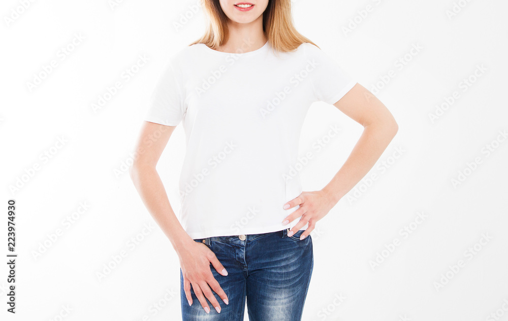 cropped portrait of young girl in tshirt. T-shirt design, people concept - closeup of woman in white shirt, front isolated. Mock up template for design print. Copy space cropped portrait of young girl in tshirt. T-shirt design, people concept - closeup of woman in white shirt, front isolated. Mock up template for design print. Copy space