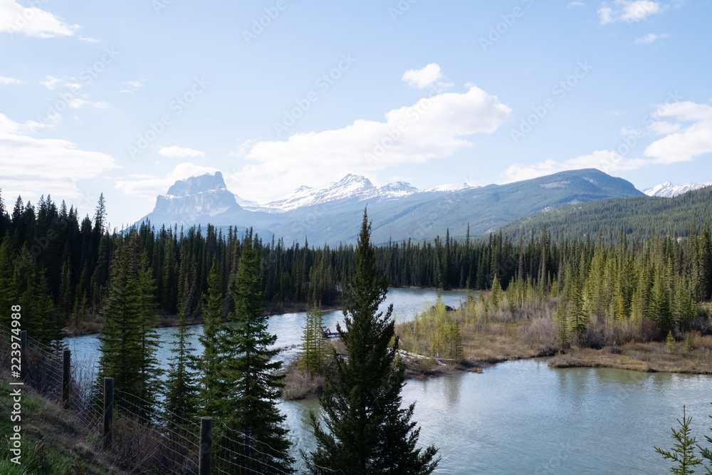 View over bow river to Castle mountain between Banff and Lake Louise