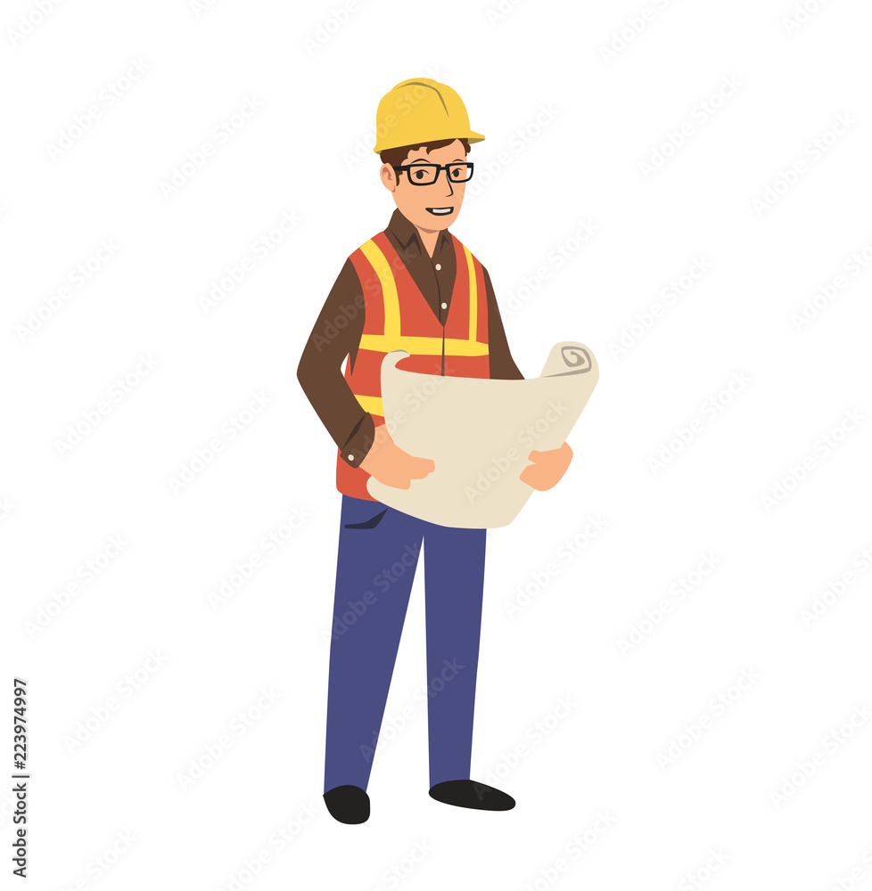 Young construction engineer in hard hat holding a blueprint. Colorful flat vector illustration. Isolated on white background. Young construction engineer in hard hat holding a blueprint. Colorful flat vector illustration. Isolated on white background.