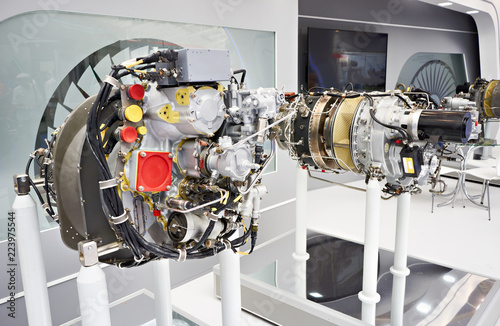 Turboshaft engines and turboprop aircraft on exhibition photo