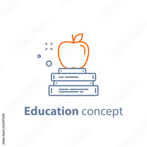 Exam preparation, education concept, stack of books with apple on top, linear icon