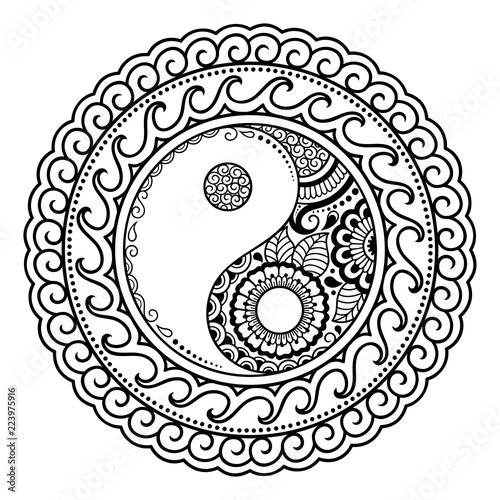 Circular pattern in form of mandala for Henna, Mehndi, tattoo, decoration. Decorative ornament in oriental style with Yin-yang hand drawn symbol. Coloring book page.