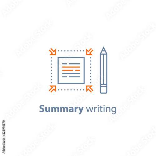 Brief information, text edit, summary writing concept, short and fast reading, copywriting services, line icon