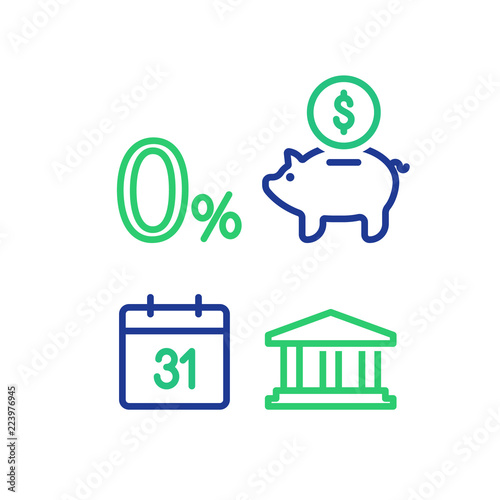 Monthly payment, zero percent sign, financial calendar, annual income, piggy bank money return, asset allocation, long term investment pension fund, superannuation