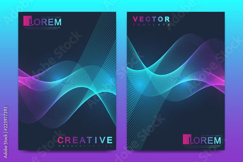Modern vector template for brochure, leaflet, flyer, cover, catalog, magazine, banner or annual report. A4 size. Business, science and technology design with colored dynamic waves, line and particles.
