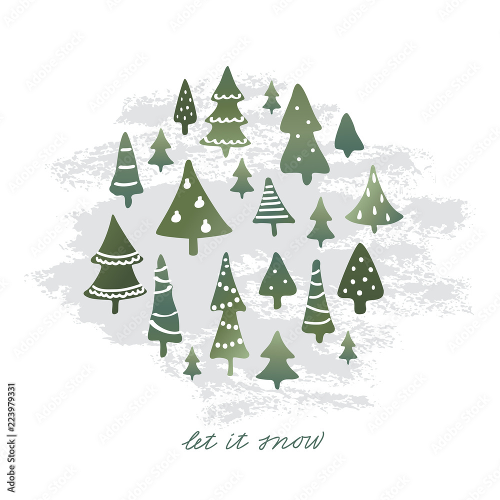 Winter holidays banner design, postcard with decorated snowy christmas trees and handlettered note 'let it snow'
