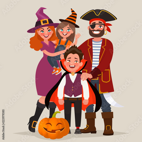 Happy family dressed in costumes, celebrates Halloween. Vector illustration