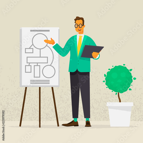 Presentation or training. Speech at the board of a businessman. Vector illustration