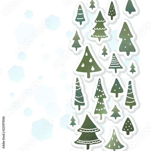 Winter holidays banner design, postcard with decorated snowy christmas trees
