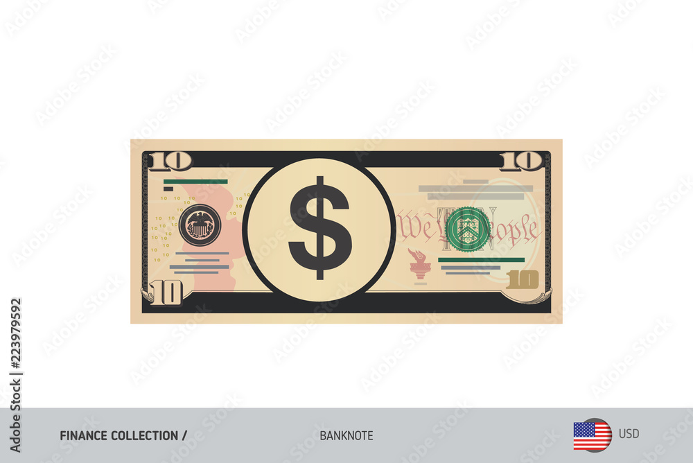 10 US Dollar Banknote. Flat style highly detailed vector illustration. Isolated on white background. Suitable for print materials, web design, mobile app and infographics. 10 US Dollar Banknote. Flat style highly detailed vector illustration. Isolated on white background. Suitable for print materials, web design, mobile app and infographics.