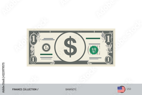 1 US Dollar Banknote. Flat style highly detailed vector illustration. Isolated on white background. Suitable for print materials, web design, mobile app and infographics.