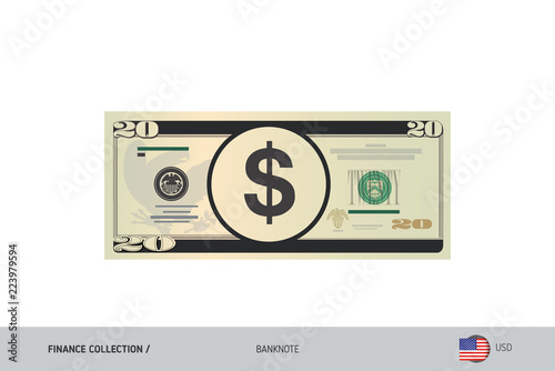 20 US Dollar Banknote. Flat style highly detailed vector illustration. Isolated on white background. Suitable for print materials, web design, mobile app and infographics.