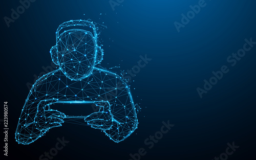 Man playing with his smartphone form lines, triangles and particle style design. Illustration vector