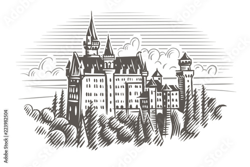 Neuschwanstein castle engraving style illustration. Vector. Layered.  photo